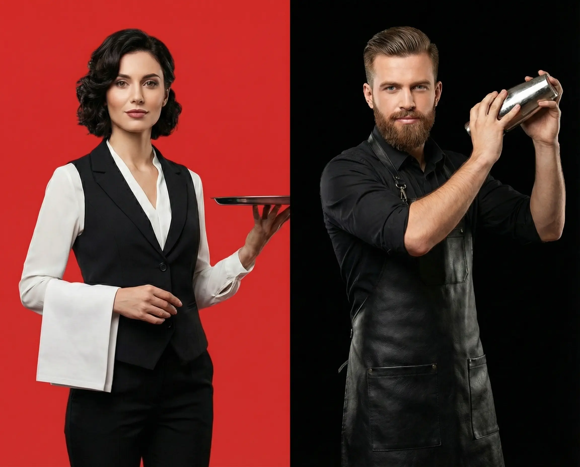 Профессиональная форма для ресторанов и кафе — официант и бармен в брендированной униформе